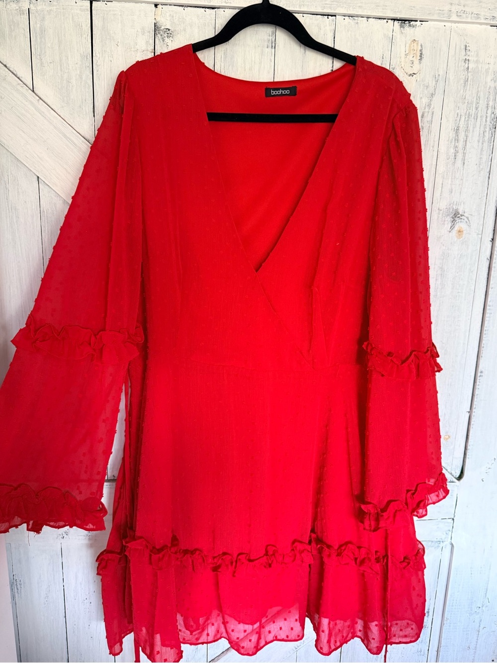 Boohoo Red V-Neck Ruffle Mini Dress